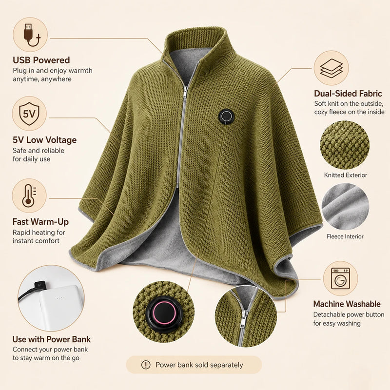 Wearable Heated Shawl 3 Heat Levels Portable Thermal Wrap