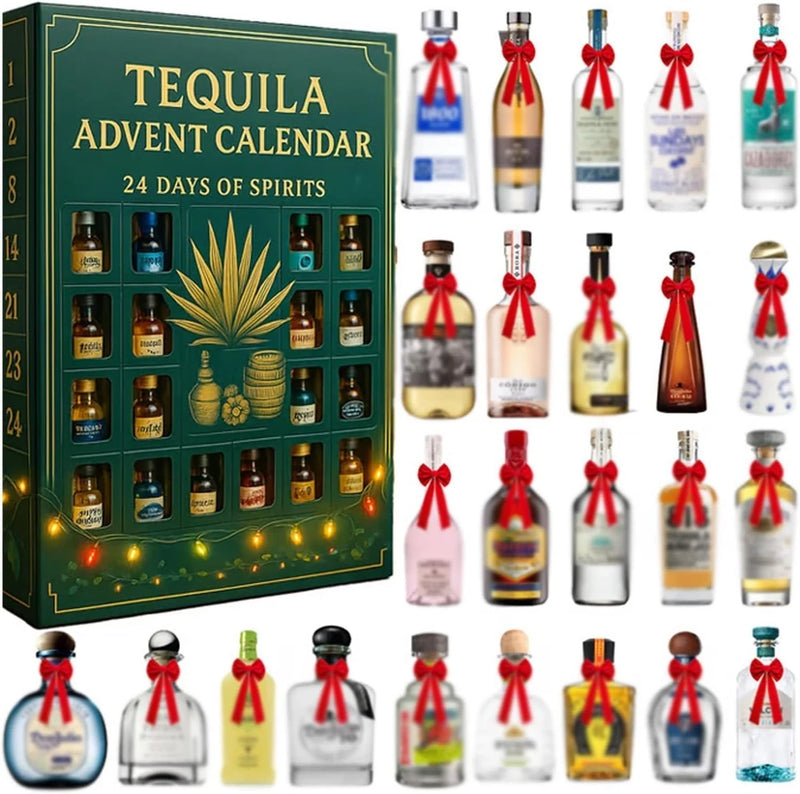 24-Day Mini Tequila Bottle Advent Blind Box for Holiday Celebration, Bar Table Decor, Collector Gift & Family Countdown